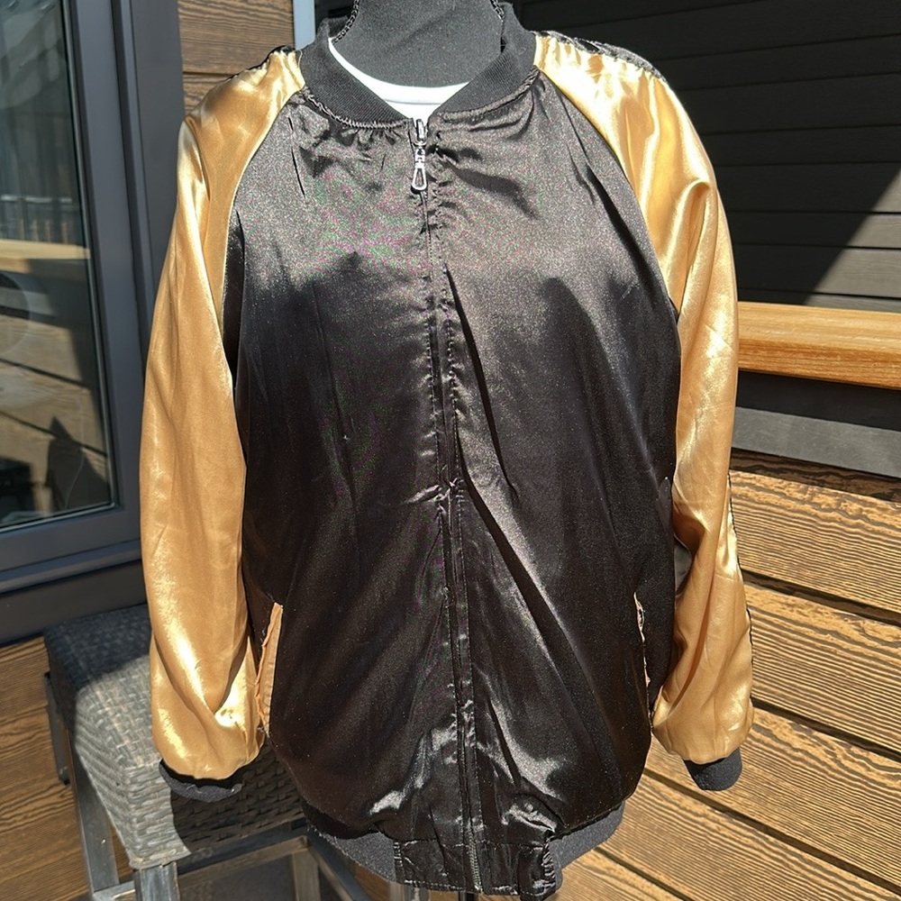 Reversible Satin Black and Gold Embroidered Bomber Jacket Women’s Large